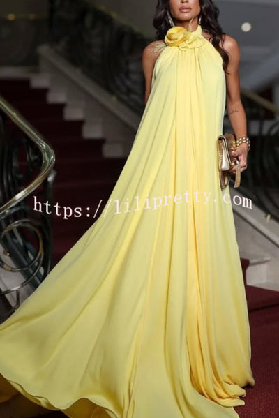 Sunny Horizon Chiffon Flower Feather Pendant Halter Backless Maxi Dress