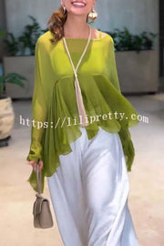 Romantic Journey Chiffon Ruffle Batwing Sleeve Top and Elastic Waist Pocket Loose Pants Set