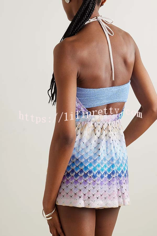Wave Waves Knit Colorful Zigzag Pattern Halter Neck Backless Loose Romper