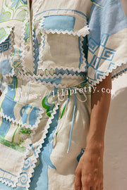 Pierre Linen Blend Ric Rac Trims Unique Print Short Sleeve Shirt and Wrap Tie-up Mini Skirt Set