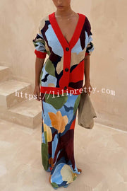 Bright and Bold Knit Abstract Color Blocks Button Long Sleeve Loose Cardigan