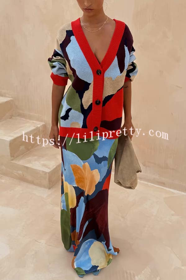Bright and Bold Knit Abstract Color Blocks Button Long Sleeve Loose Cardigan