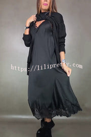 Fashionable V-neck Suspender Lace Splicing Casual Midi Dress