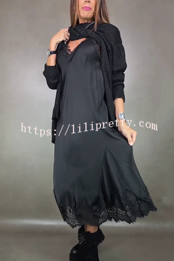 Fashionable V-neck Suspender Lace Splicing Casual Midi Dress