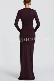 Sexy Cutout Fitted Long-sleeved Pleated Satin Ribbon Maxi Dresses