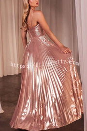 Make A Toast Metallic Fabric Cross Neck Cutout Slit Pleated Maxi Dress