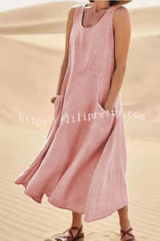 Solid Sleeveless Pocket Loose Comfort Midi Dress
