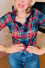 Duke of York Holiday Plaid Ruffle Stand Neck Half Sleeve Blouse