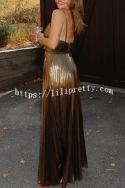 Disco Fashion Metallic Fabric Pleated Pocket Slip Wide Leg Jumpsuit