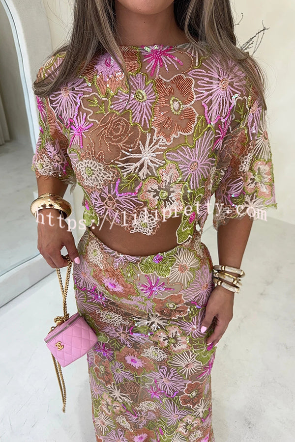 Fashionable Embroidered Flower Sequined Crop Top and Elegant Sheer Maxi Skirt Set