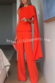 Perfect Balance Asymmetric Draped Cape Top and High Waist Flared Pants Set