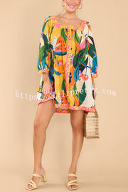 Lilipretty Shining Beauty Linen Blend Tropical Abstract Print Pocketed Mini Dress