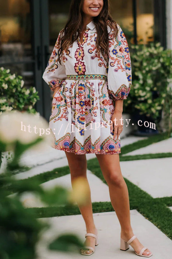 Fun and Vibrant Linen Blend Unique Print Puff Sleeve Pocketed Shirt Mini Dress