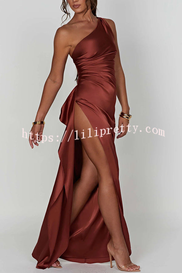 Lilipretty Fits Your Curves Satin One Shoulder Drape Slit Maxi Dress