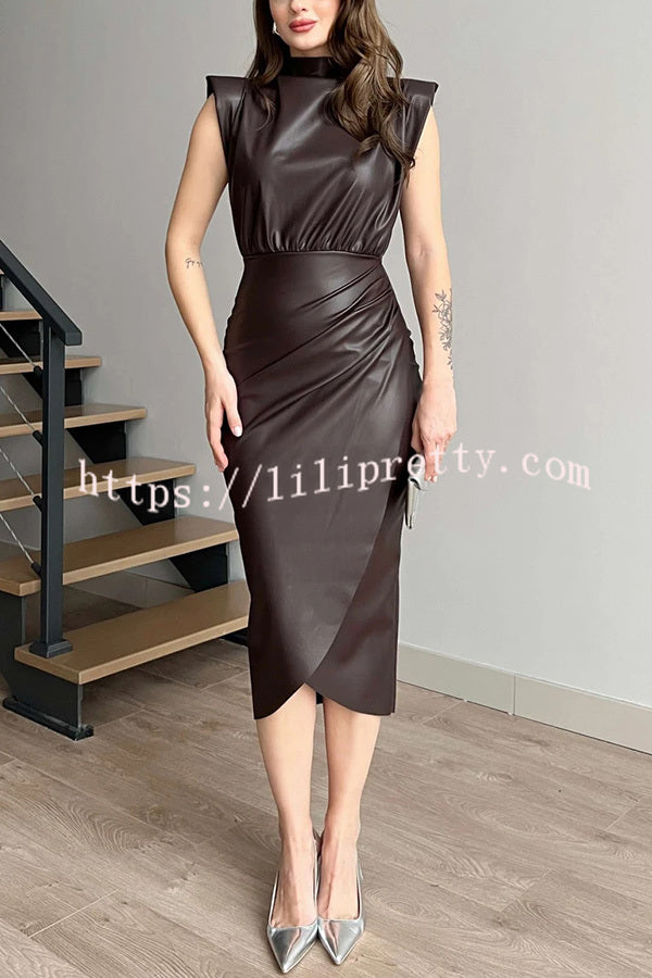 Elouise Faux Leather Turtleneck Shoulder Pads Ruched Slit Midi Dress