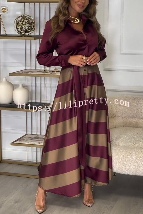 Lindsey Satin Colorblock Contrast Long Sleeve Belted Shirt Maxi Dress