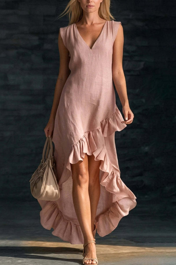 Linen Blend V-neck Sleeveless Ruffled Hem Casual Maxi Dress – lilipretty