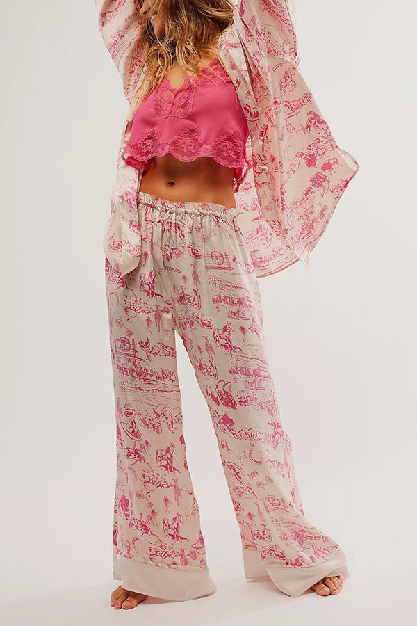 Unique Printed Lounge Long-sleeved Shirt and Elastic Waisted Baggy Pants Set