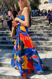 Lilipretty Wander Away Multicolor Printed Elastic Waist Halter Maxi Dress