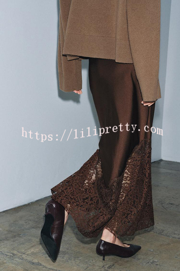 Cozy Sweet Darling Satin Lace Patchwork Mid Rise Slit Maxi Skirt