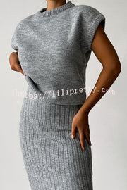 Triko Knit Short Sleeve Sweater and Stretch Ribbed Midi Skirt Set