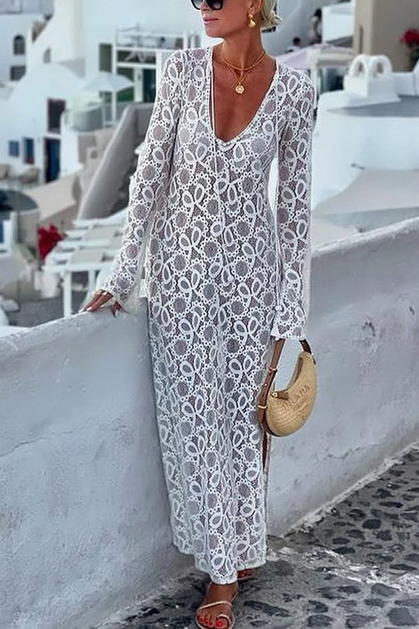 Santorini Sunset Floral Lace Long Sleeve Slit Vacation Maxi Dress