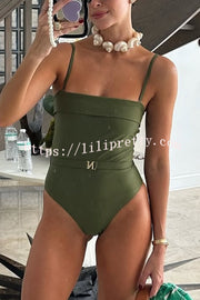 Solid Color Suspender Buckle Waist Elastic Swimsuit