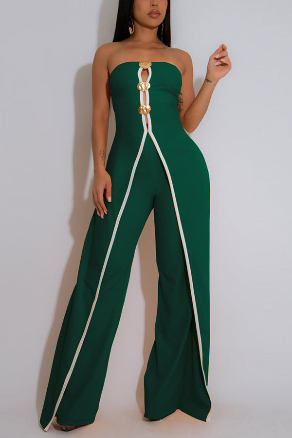 Fashionable Contrast Color Off-shoulder Metal Decoration Casual Elegant Jumpsuit