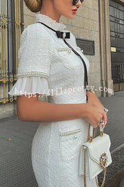 Lilipretty Elegant Plisse Tweed Pearl Trim Velvet Bow Design Formal Midi Dress