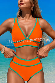 Solid Color Contrast High Waist Stretch Bikini Swimsuit