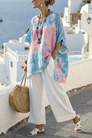 Striped Print Crew Neck Loose Top and Elastic Waist Casual Wide Leg Pants