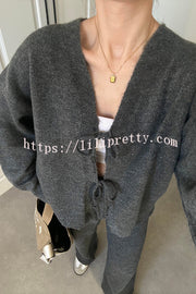 Solid Color V-neck Tie Long-sleeved Loose Knit Cardigan and Elastic Waist Casual Straight Leg Pants Set