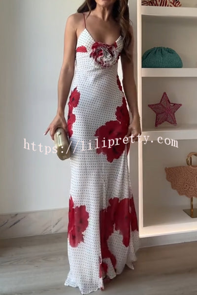 Vanna Poka Dot Floral Print 3D Flower Detail Slip Maxi Dress