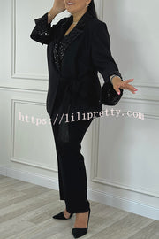 Social Time Embroidered Sequin Patchwork Tassel Belt Detail Lapel Party Blazer