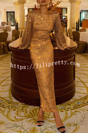 Shine Your Style Sequin Balloon Sleeve Back Drape Cowl Neck Maxi Dress