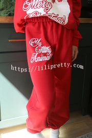 Christmas Santa Print Loose Round Neck Sweatshirt and Elastic Waist Casual Pants Set