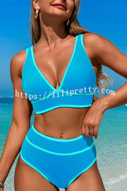 Solid Color Contrast High Waist Stretch Bikini Swimsuit