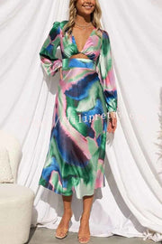 Lilipretty Own The Evening Satin Neon Print Cutout Midi Dress