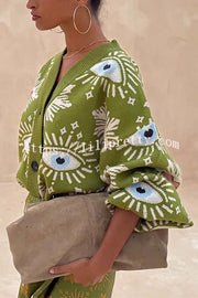 Mysterious Magic Knit Eye Heart Pattern Button Up Long Sleeve Loose Cardigan