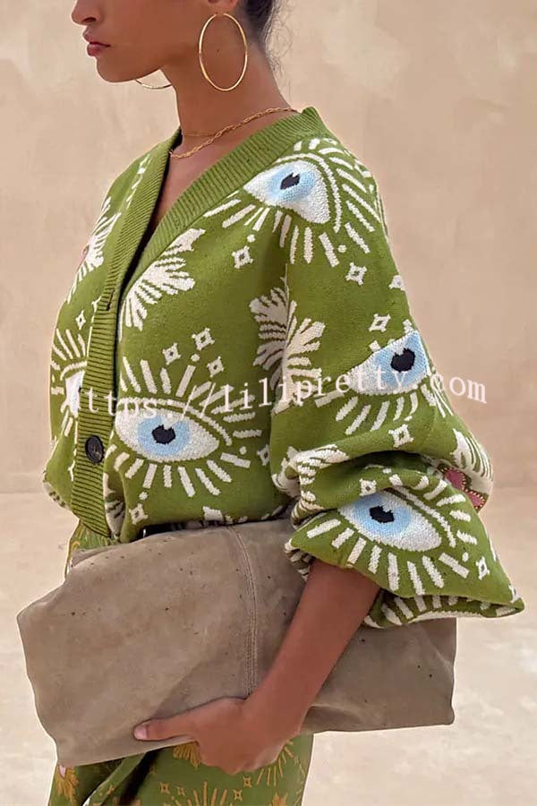 Mysterious Magic Knit Eye Heart Pattern Button Up Long Sleeve Loose Cardigan