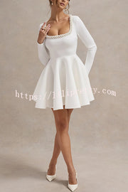 Playful Elegance Pearl Embellished Trim Long Sleeve Pleated Mini Dress