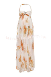 Mariah Floral Print Starfish Brooch Inverted Halter Neck Slit Ruffles Maxi Dress