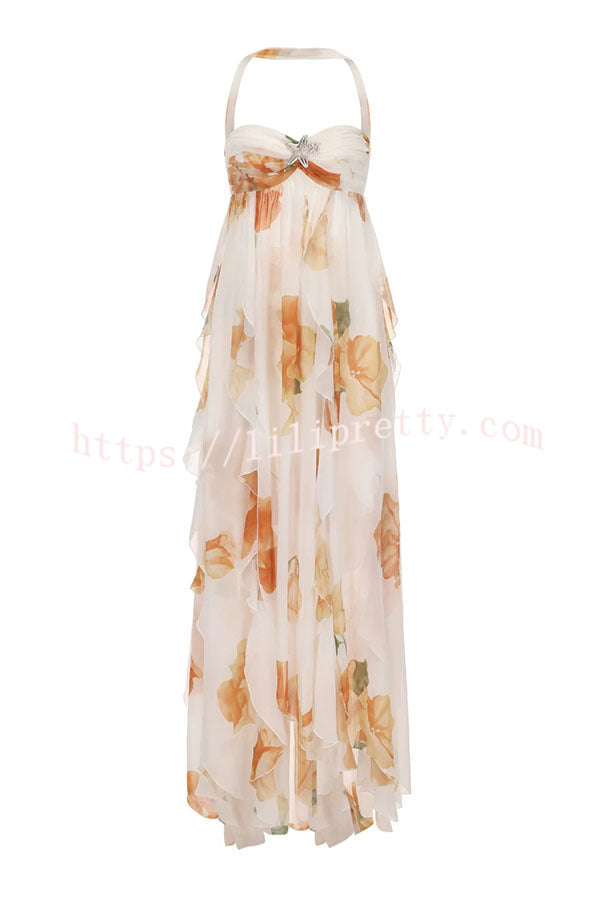 Mariah Floral Print Starfish Brooch Inverted Halter Neck Slit Ruffles Maxi Dress