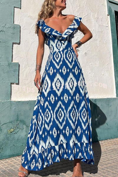 Lilipretty® Coastal Canvas Ethnic Print Smocked Bust Ruffle Neck Maxi Dress