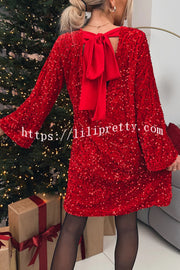 Velvet Sequin Back Bow Bell Sleeves Loose Mini Dress