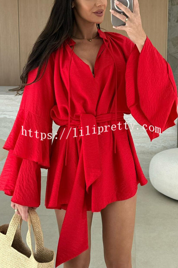 Solid Color V-neck Ruffled Long Sleeve Waist Tie Mini Dress