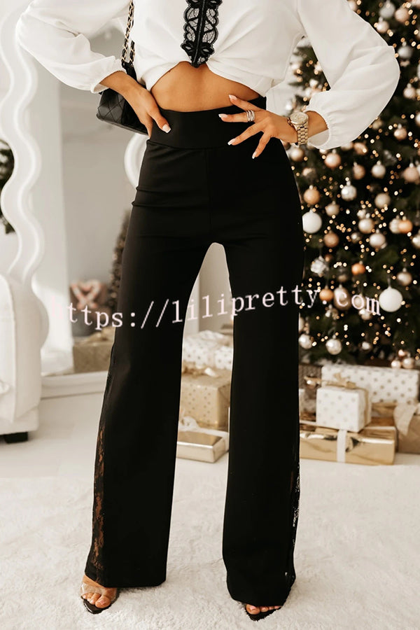 Joelie High Rise Elastic Waistband Side Lace Patchwork Flare Pants