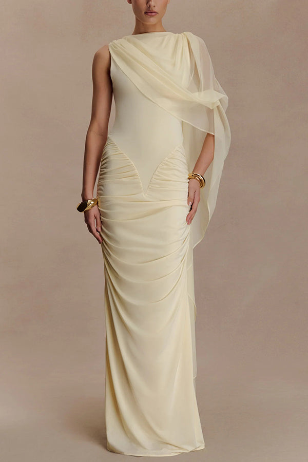 Fashionable Mesh Shawl Sleeveless Slim Fit Pleated Maxi Dress