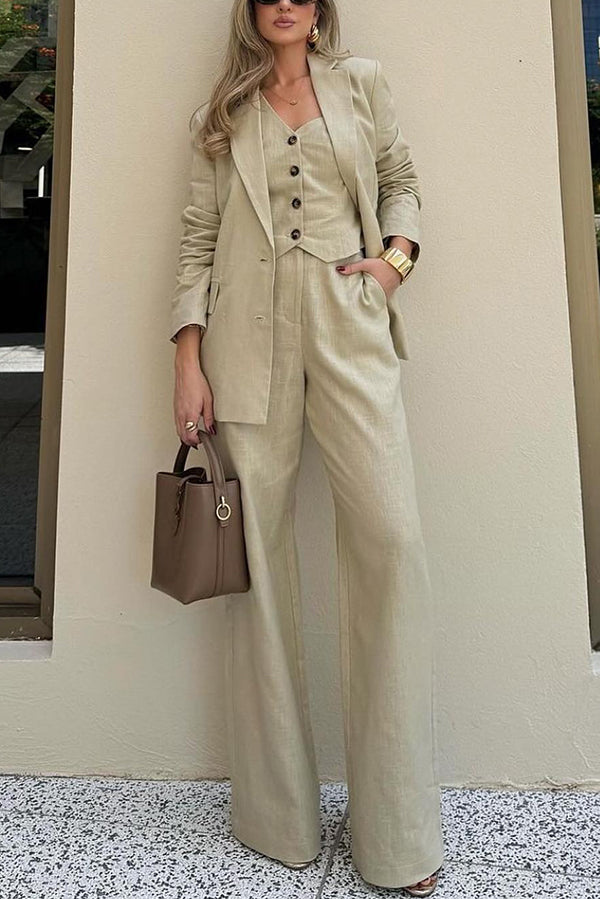 Solid Color Lapel Blazer + Slim Waistcoat and Pocket Wide-leg Pants Three-piece Set