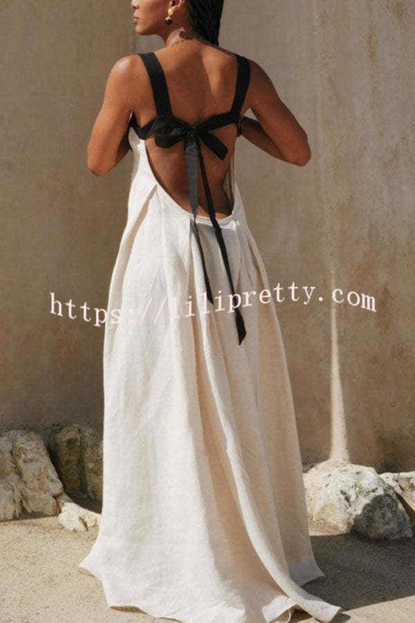 Jordina Linen Blend Colorblock Cups Backless Tie-up Loose Maxi Dress